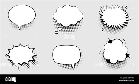 Set Of Empty Comic Speech Bubbles With Halftone Shadows Pop Art Style