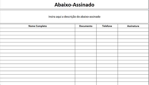 Modelo de abaixo assinado nº de documento e telefone Excel Easy