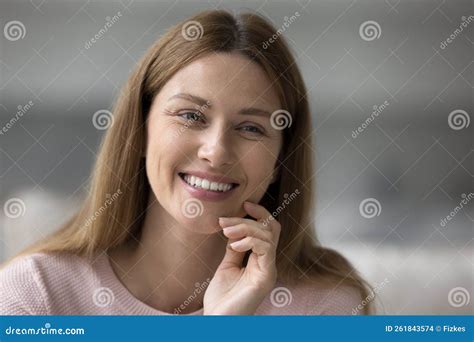 Pretty Woman Sits Indoors Smile Staring Aside Closeup Portrait Stock