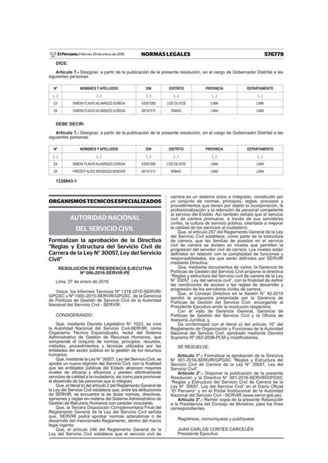 RESOLUCIÓN DE PRESIDENCIA EJECUTIVA 006 2016 SERVIR PE Directiva sobre