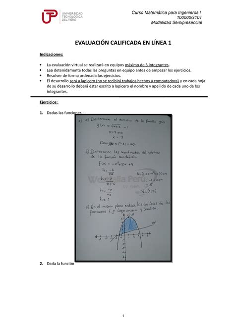 UTP Evaluación Calificada en linea 1 Curso Matemática para Ingenieros