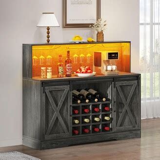 YITAHOME Farmhouse Coffee Bar Cabinet W Power Outlets LED Lights 55