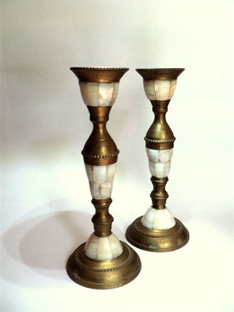 Antique Brass Mother Of Pearl Inlay Candle Holders For Candlesticks