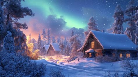 Winter Cabins Under Magical Northern Lights Resplendent Stock Image