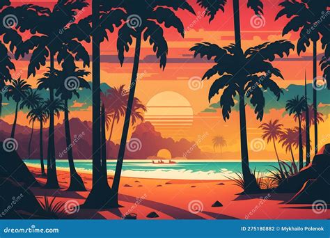 Synthwave Neon Landscape With Palm Trees And Sunset Retro Style Background Stock Illustration