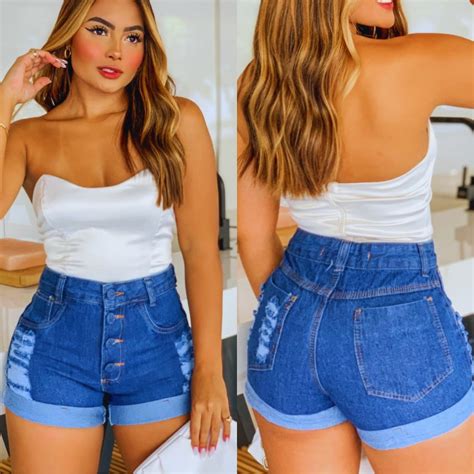 Short Jeans Cós Alto Bermuda Feminina Luxo Cintura Alta Modela Bumbum