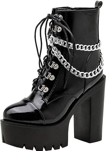 Parisuit Women S Chunky Platform Goth Combat Boots With Chains Punk