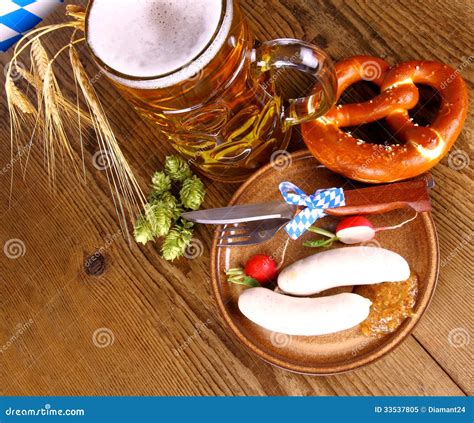 Oktoberfest Menu With Beer White Sausage Pretzel And Radish Stock