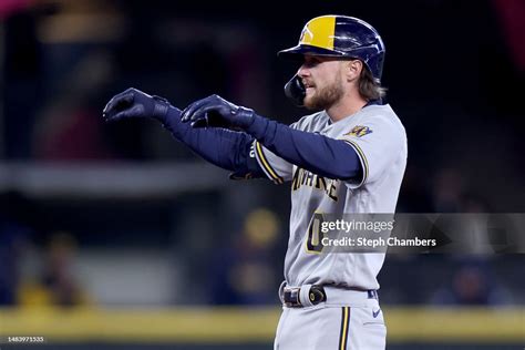 Brice Turang Of The Milwaukee Brewers Celebrates His Two Run Rbi