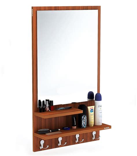 Bluewud Rico Engineered Wood Wall Mount Dressing Table Mirror With Shelves And Hooks Walnut