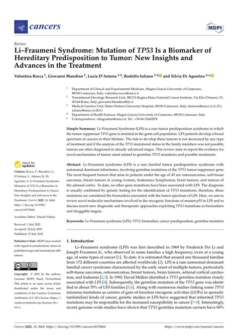 Pdf Lifraumeni Syndrome Mutation Of Tp Is A Biomarker Of