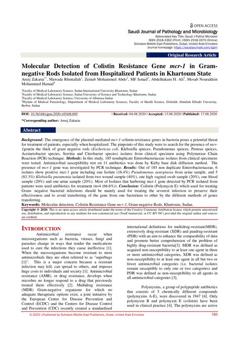 PDF Molecular Detection Of Colistin Resistance Gene Mcr 1 In Gram