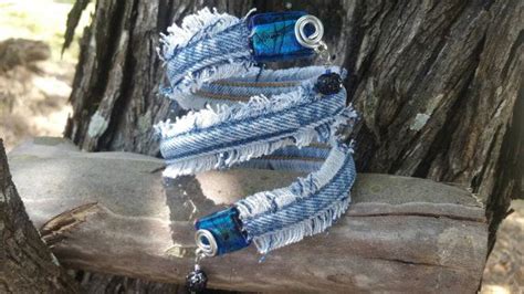 Frayed Denim Wrap Bracelet With Glass Beads And Czech Etsy Denim