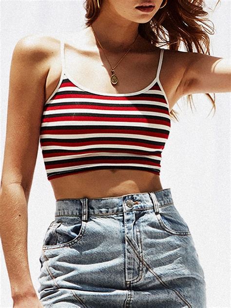 Red Stripe Spaghetti Strap Crop Tank Top Spaghetti Strap Top Outfit