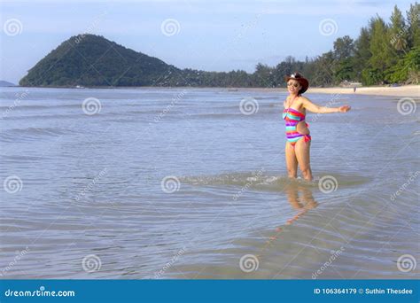 Woman Shape Bikini Play Wave Morning On Beach Stock Image Image Of