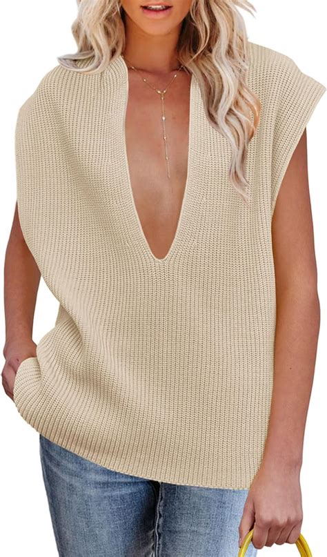 Langwyqu Womens Deep V Neck Sweater Vest Oversized Sleeveless Ribbed