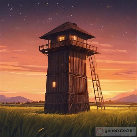 Exploring The Beauty Of A Wooden Watchtower In Sunset Fields Generateart