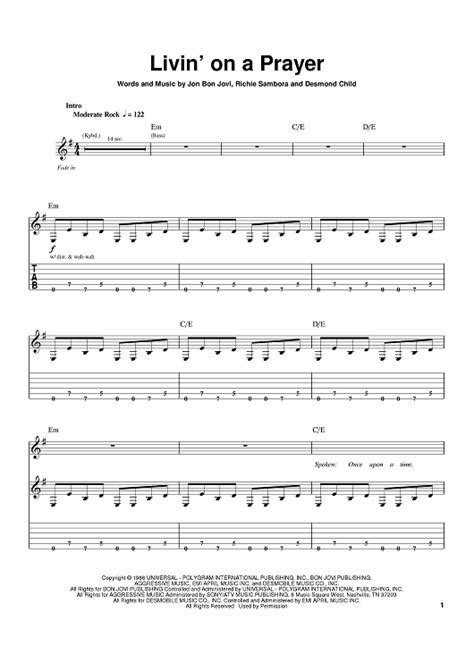 Livin On A Prayer Sheet Music By Bon Jovi For Guitar Tab Sheet