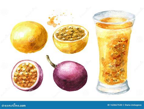 Fresh Passion Fruits And Glass Of Passionfruit Juice Set Watercolor