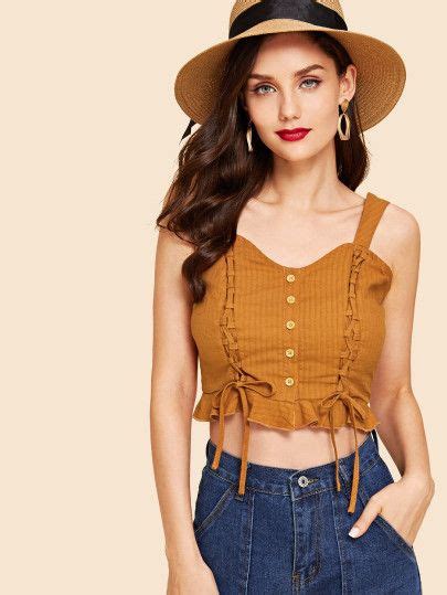 Lace Up Ruffle Hem Button Up Crop Top Shein Sheinside Ropa Juvenil