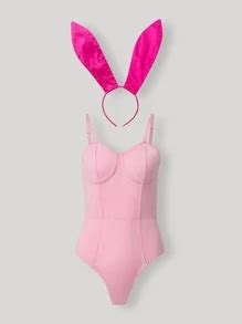 Sexy Bunny Lingerie Set For Women Includes Solid Color Bodystocking With Bunny Tail Hair Clip