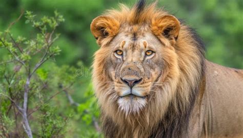 Majestic Male Lion Walking In The African Wilderness Staring Ahead