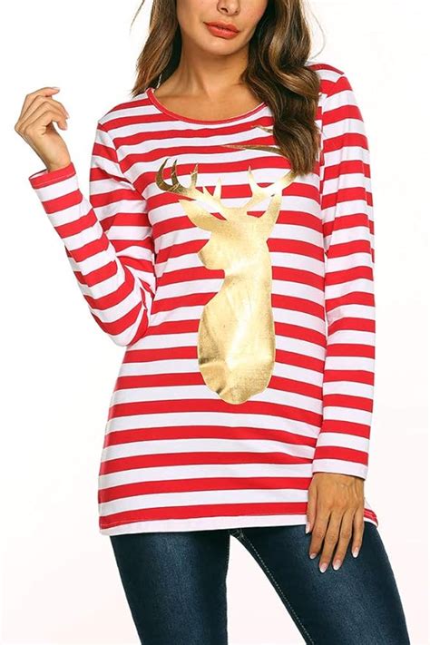 Qearal Long Sleeve Christmas T Shirt For Women Striped Xmas