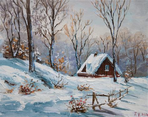 Winter Forest Landscape Vintage Original Oil Painting On Cardboard By