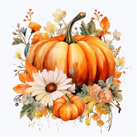 Watercolor Pumpkin With Flowers Clipart Premium AI Generated Image