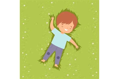 A Little Boy Laying In The Grass With His Arms Up And Head Above His Back