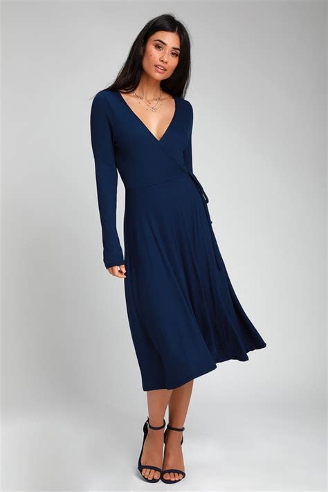 Cute Navy Dress Wrap Dress Long Sleeve Dress Ribbed Dress Lulus