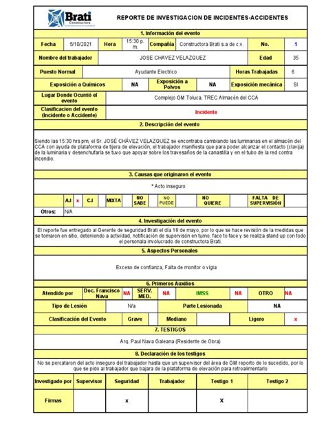 Formato Para Reporte De Incidentes E Accidente Pdf