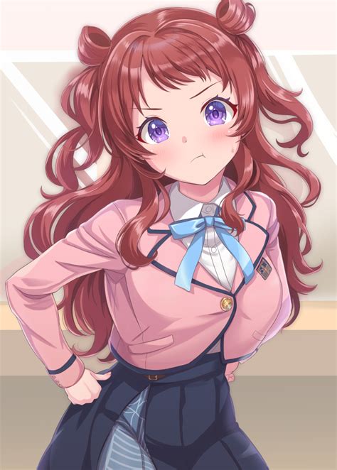 Safebooru 1girl T Blue Ribbon Blush Breasts Brown Hair Brown Jacket Cropped Jacket Dan