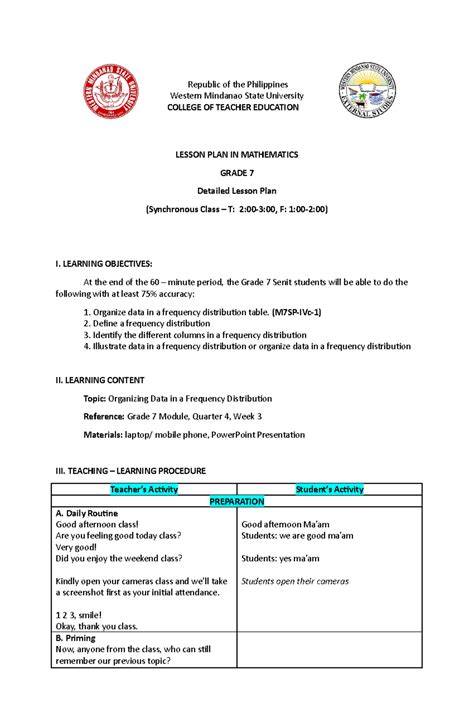 Frequency Distribution Table Lesson Plan