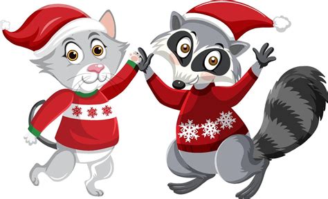 Cute raccoon and cat wearing Christmas hat cartoon character 3449023 ...