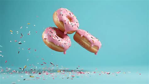 Flying Pink Sprinkled Donuts Sweet Doughnut On Pastel Blue Background