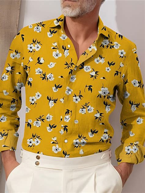 Homme Chemise Floral Imprimés Photos Col Rabattu Jaune Bleu Extérieur