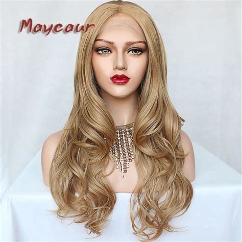 Maycaur Plain Golden Color Hair Long Wavy Wig Natural Hairline