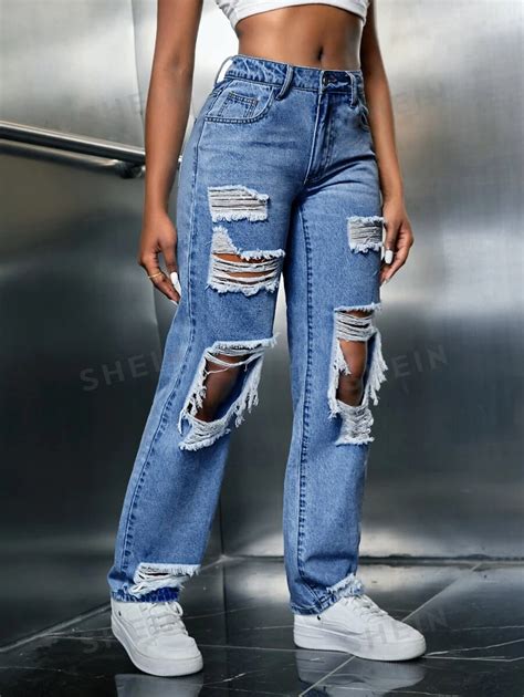 Shein Sxy Ripped Cut Out Straight Leg Jeans Shein Uk