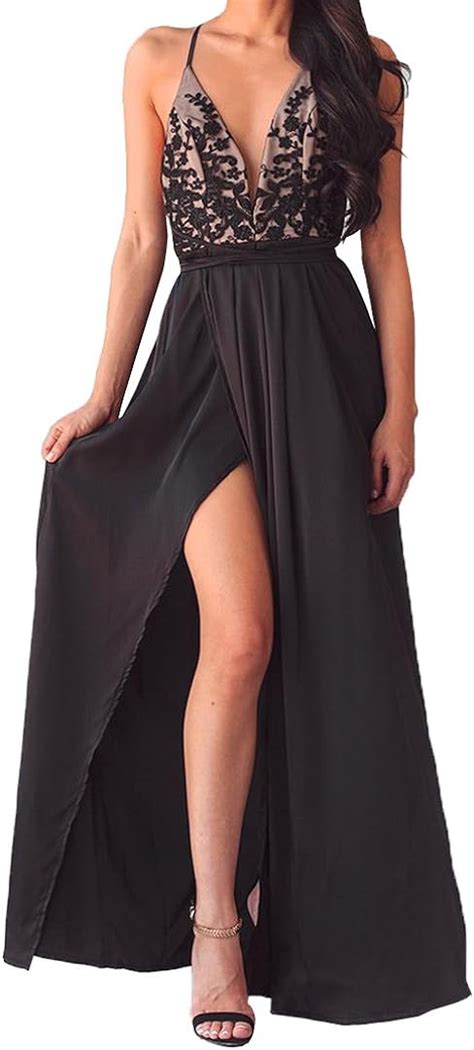 Sommer Damen Neckholder Kleid Fashion Schwarz Lange Kleider Mit Schlitz