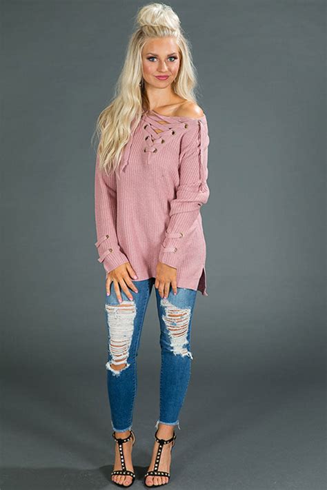 Feeling Posh Lace Up Tunic Sweater In Blush • Impressions Online Boutique