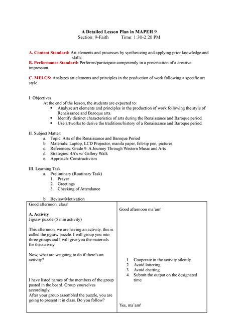 A Detailed Lesson Plan In Mapeh A Detailed Lesson Plan In Mapeh