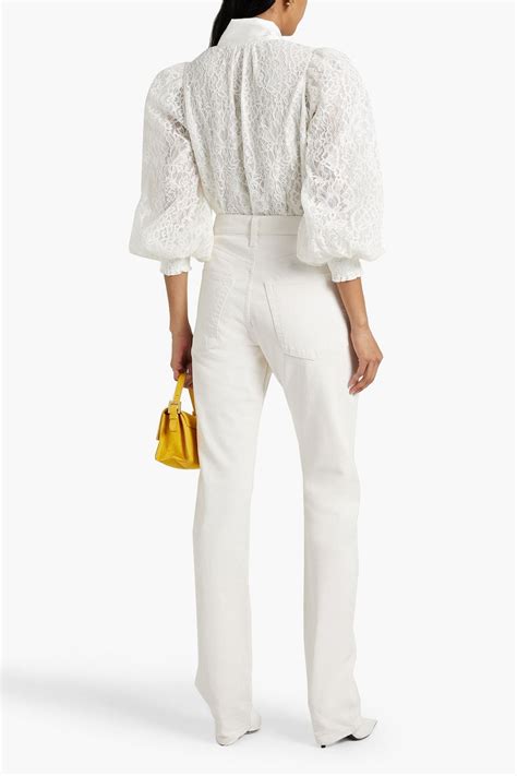 Alice Olivia Brentley Pussy Bow Satin Paneled Corded Lace Blouse
