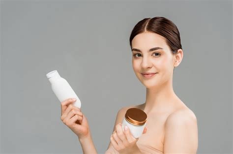 Cheerful Brunette Woman Holding Cont Brunette Woman Face Cream Brunette