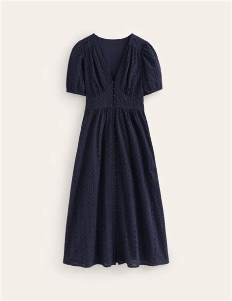 Broderie Midi Tea Dress Navy Boden UK