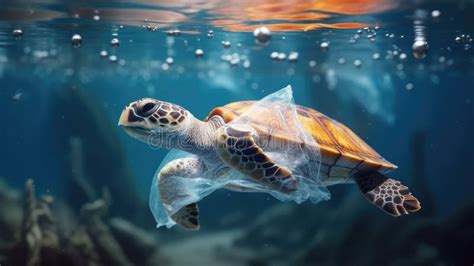 A Turtle Tangled In A Plastic Bag Struggles To Swim Stock Photo Image