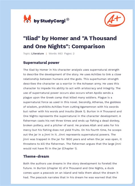 Iliad By Homer And A Thousand And One Nights Comparison Free