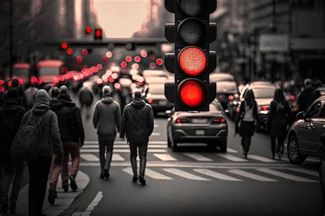 Sem Foro Vermelho Brilhando Em Uma Rua Movimentada Carros Parando E