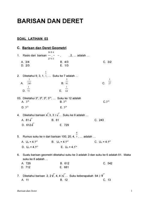 06 Latihan 05 Barisan Dan Deret Geometri Barisan Dan Deret Soal Latihan 03 C Barisan Dan