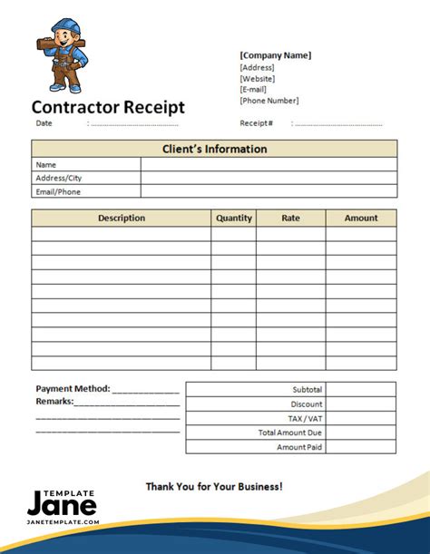 Printable Contractor Receipt Template